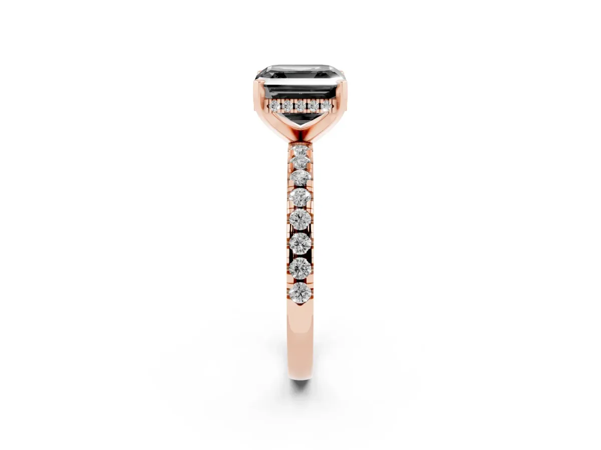 Fancy Black Asscher Cut Diamond Solitaire Ring with Round Pavé Band and Four-Prong Setting Rose gold