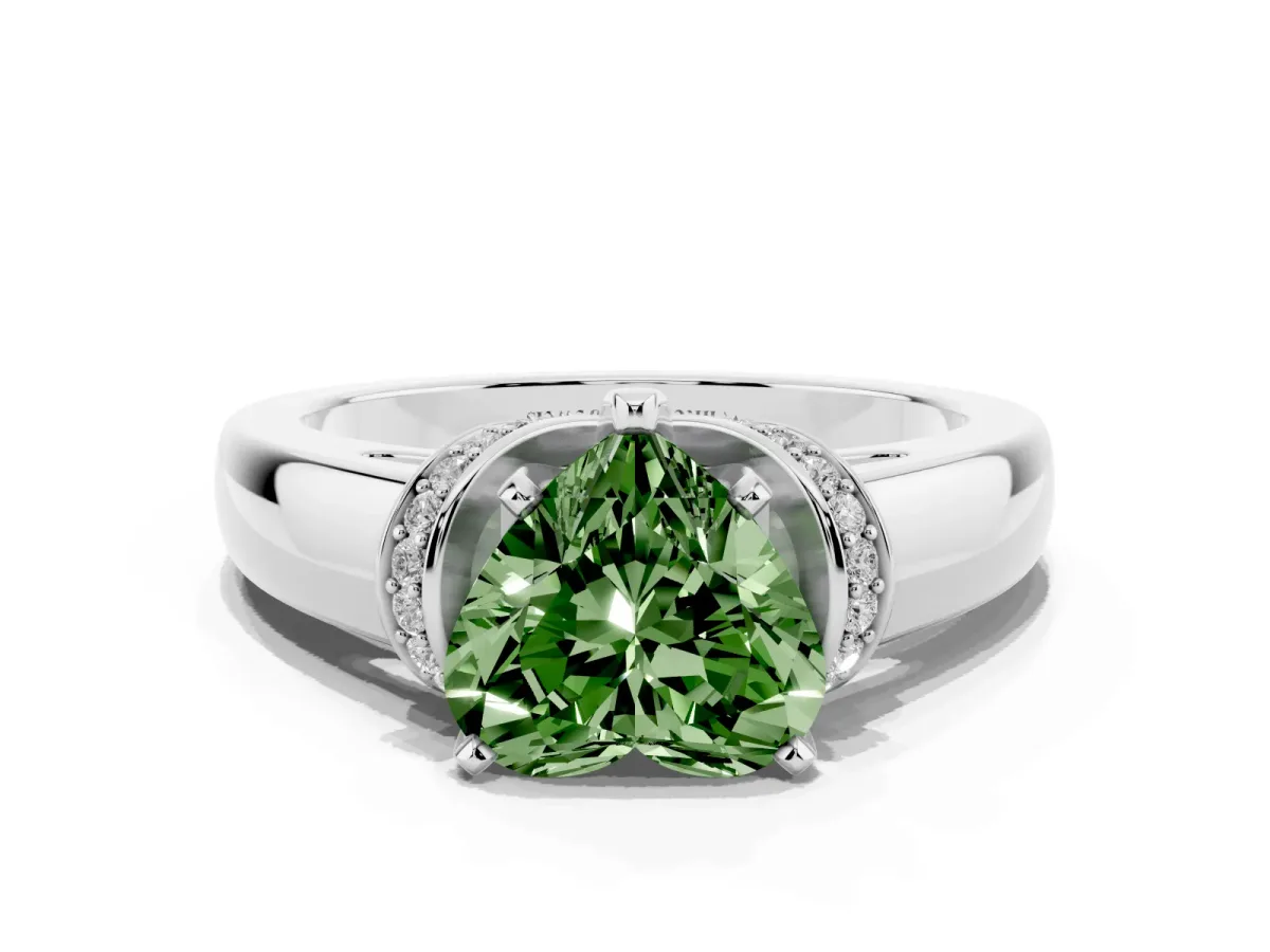 Fancy Green Heart Cut Solitaire Diamond Ring with Pave Band and Six-Prong Setting Platinum