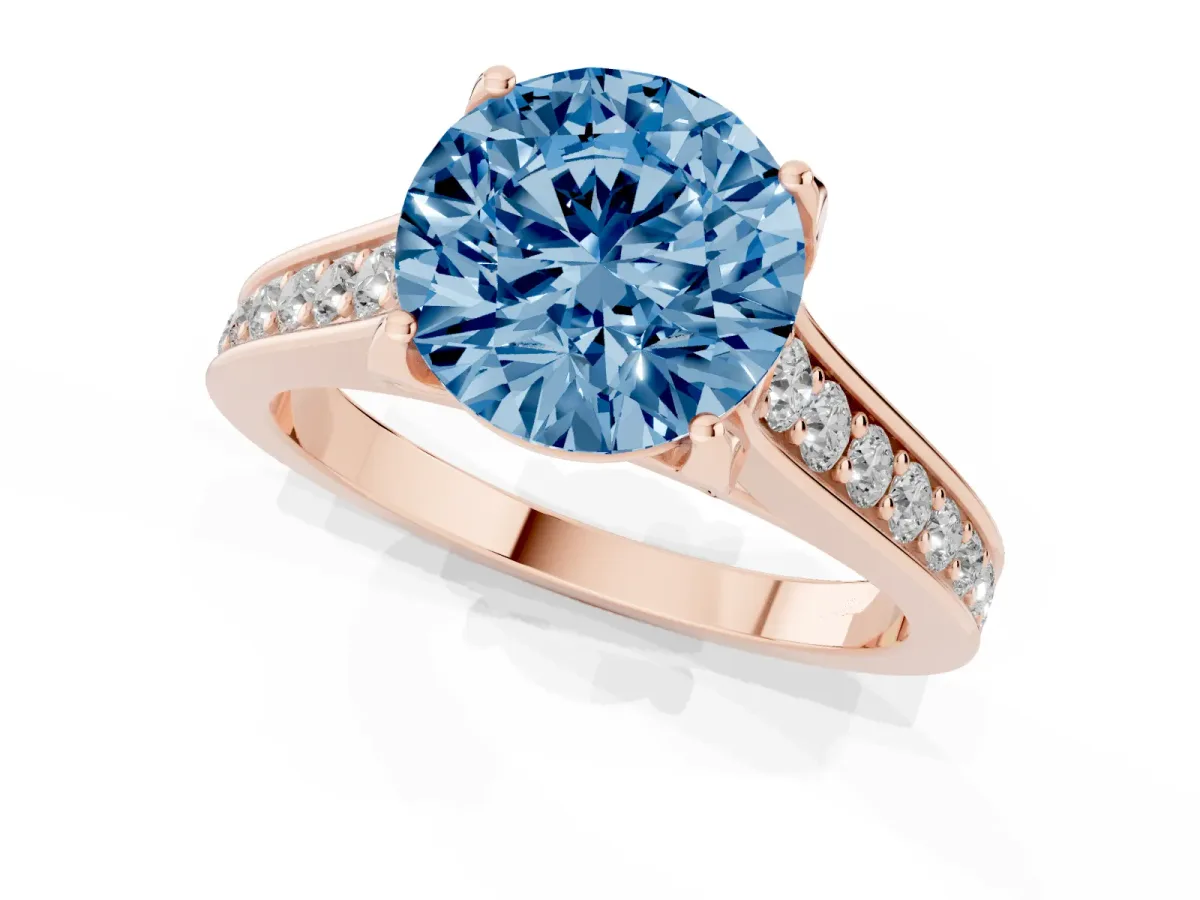 Fancy Blue Round Cut Brilliant Cut Diamond Engagement Ring with Pavé Band and Four-Prong Setting Rose gold