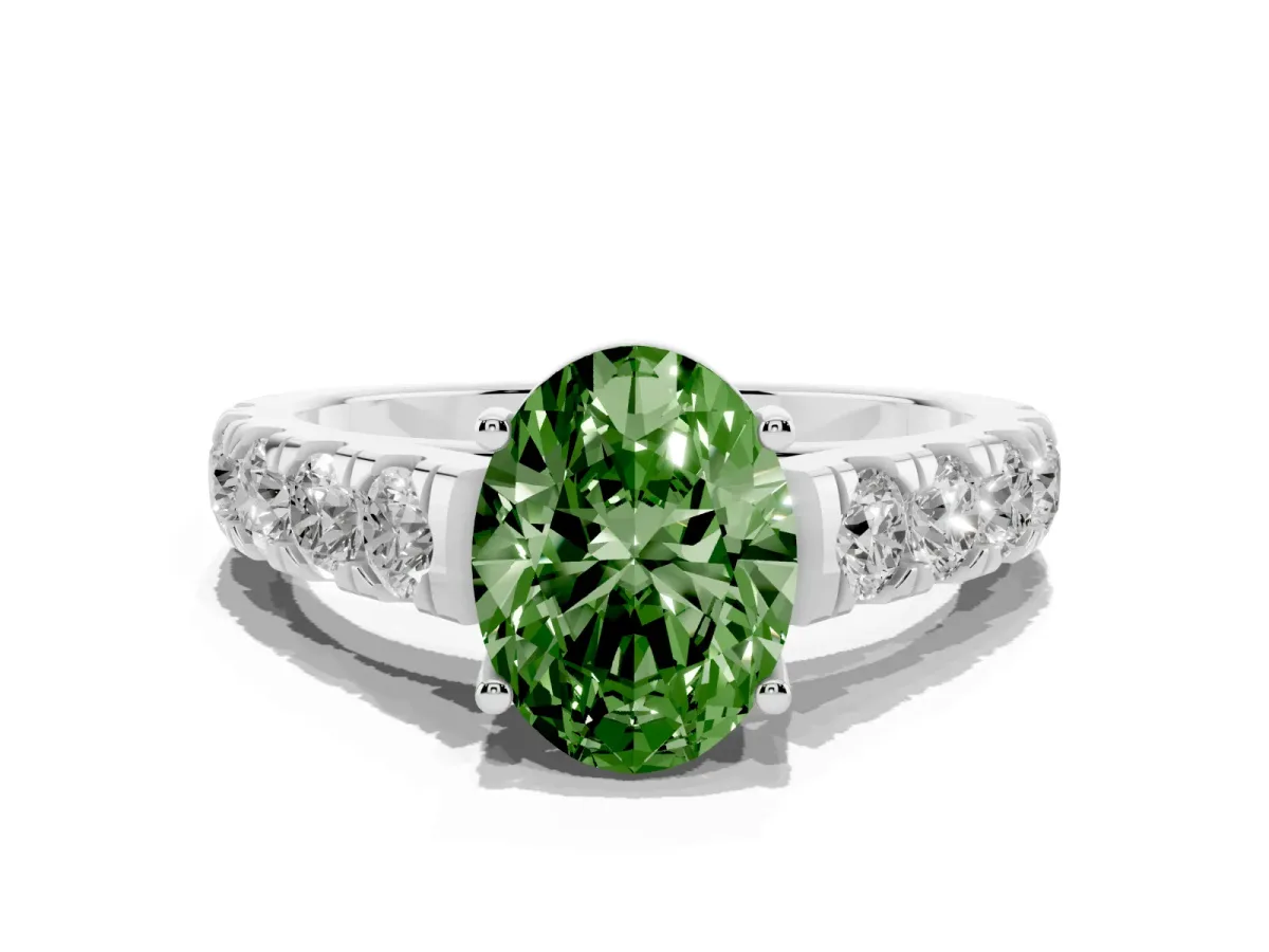 Fancy Green Oval Cut Cut Diamond Solitaire Ring with Micro Pave Band and Prong Setting Platinum