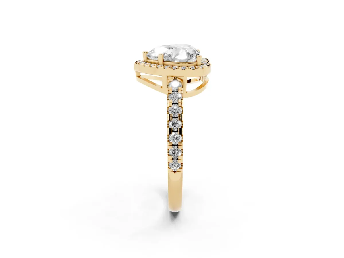 Heart Cut Diamond Halo Ring with Pavé Band and Four-Prong Setting Yellow gold
