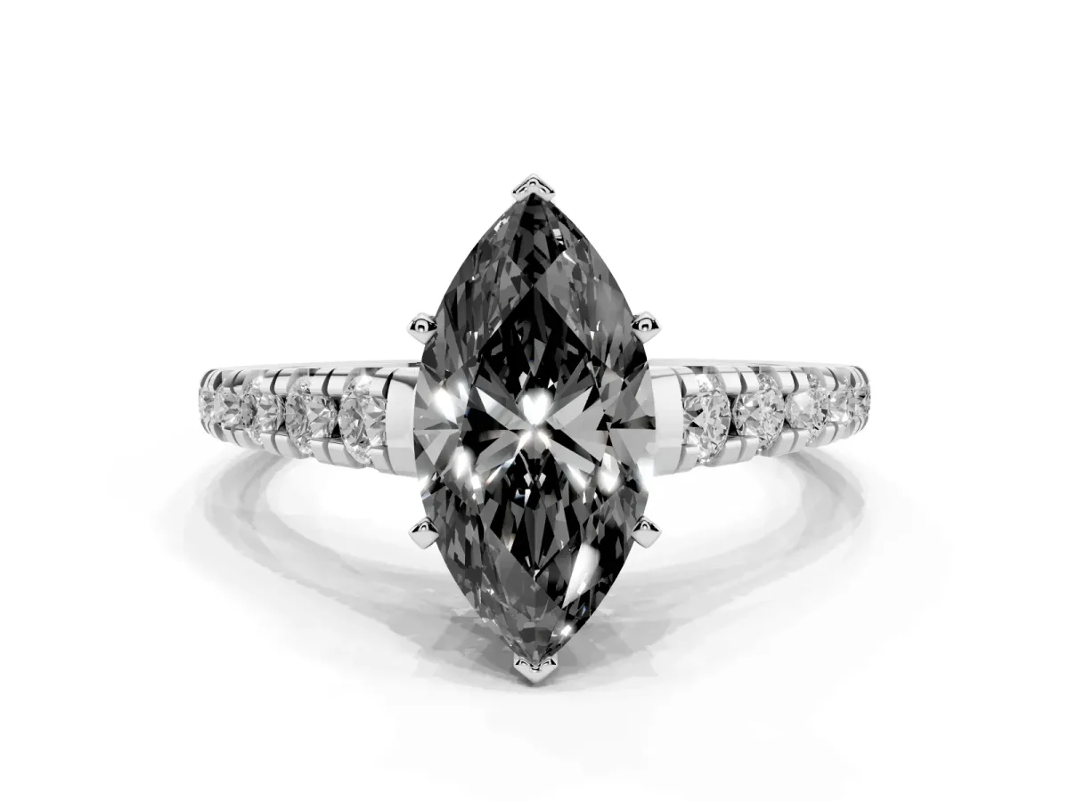 Fancy Black Marquise Cut Diamond Cathedral Solitaire Ring with Round Pavé Band Silver