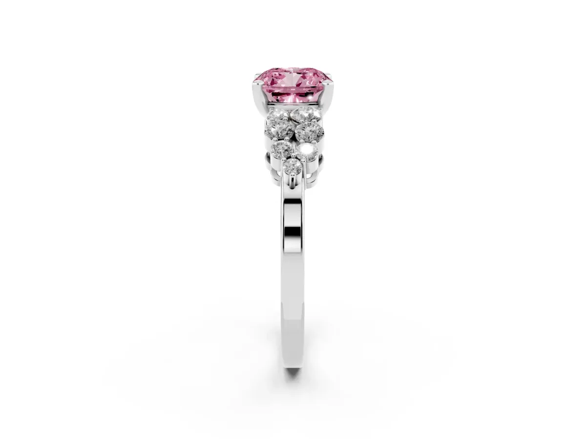 Fancy Pink Cushion Cut Cluster Diamond Engagement Ring with Pavé Band and Four-Prong Setting Platinum