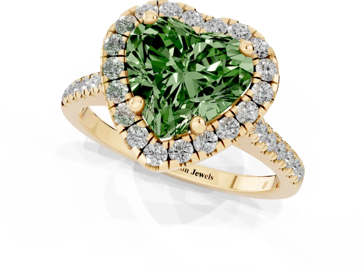Fancy Green Heart Cut Diamond Cushion Halo Ring with Pavé Band Yellow gold