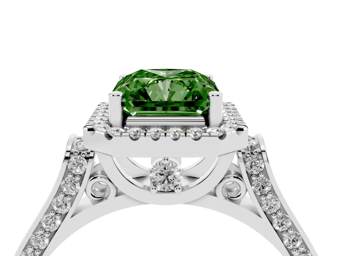 Fancy Green Radiant Cut Halo Pave Split Shank Prong Setting Ring Platinum