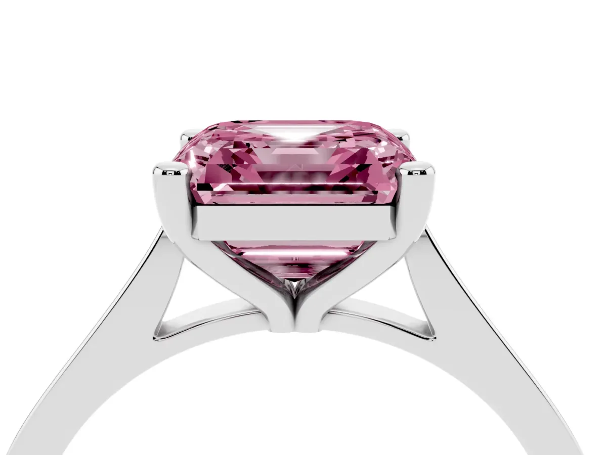 Fancy Pink Asscher Cut Solitaire Diamond Ring with Four-Prong Setting and Tapered Band Platinum