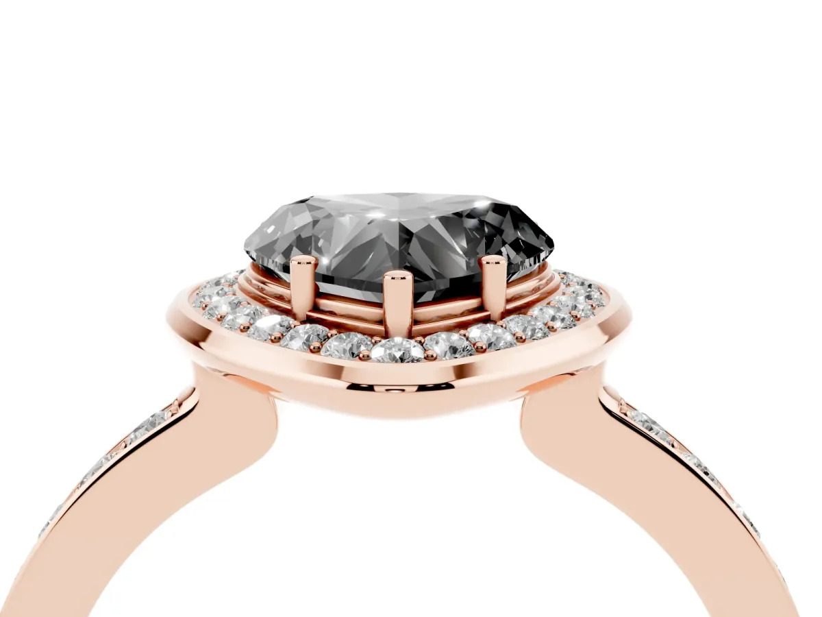 Fancy Black Heart Cut Diamond Halo Ring with Bezel Frame and Pavé Band Rose gold