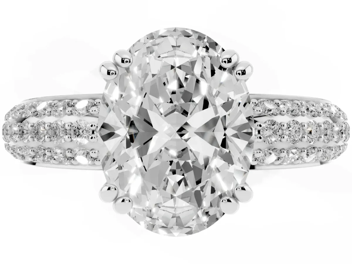 Oval Cut Diamond Solitaire Ring with Multi-Row Round Pavé Band and Prong Setting Silver