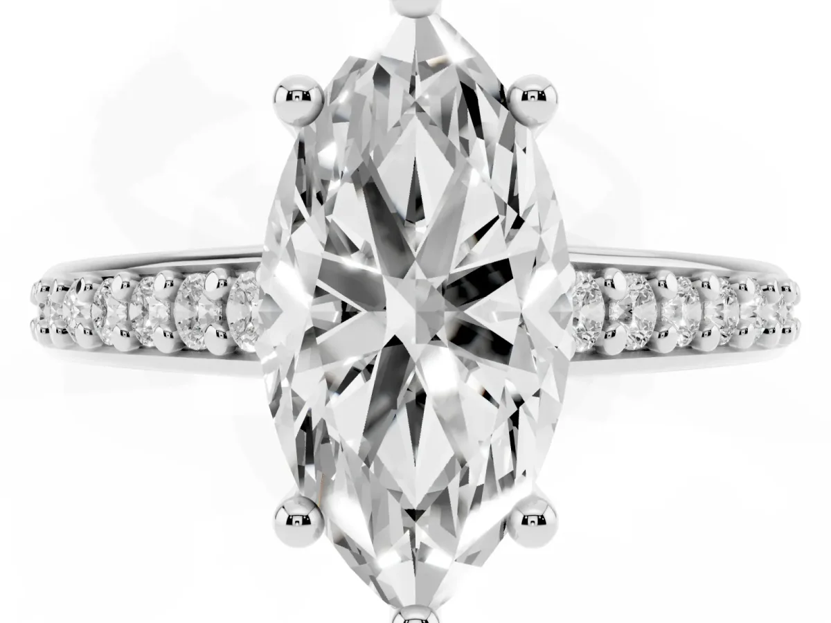 Marquise Cut Solitaire Prong Set Diamond Engagement Ring with Pave Band Platinum