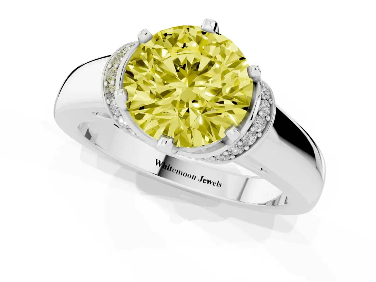 Fancy Yellow Round Cut Solitaire Diamond Ring with Pave Band and Six-Prong Setting Silver