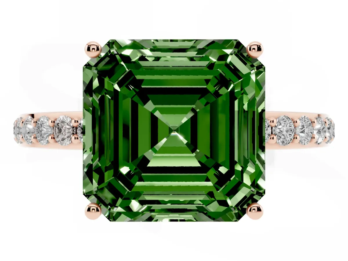 Fancy Green Asscher Cut Diamond Solitaire Ring with Pavé Band and Hidden Halo Rose gold