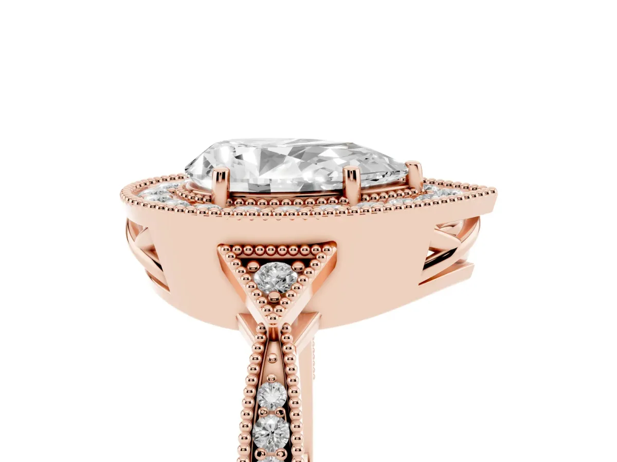 Pear Cut Halo Round Diamond Milgrain Pave Engagement Ring Rose gold