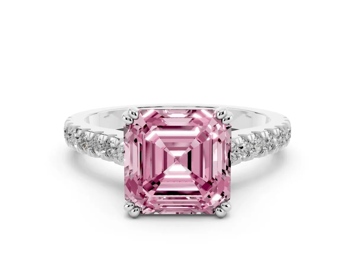 Fancy Pink Asscher Cut Solitaire Pave Diamond Engagement Ring with Prong Setting Silver