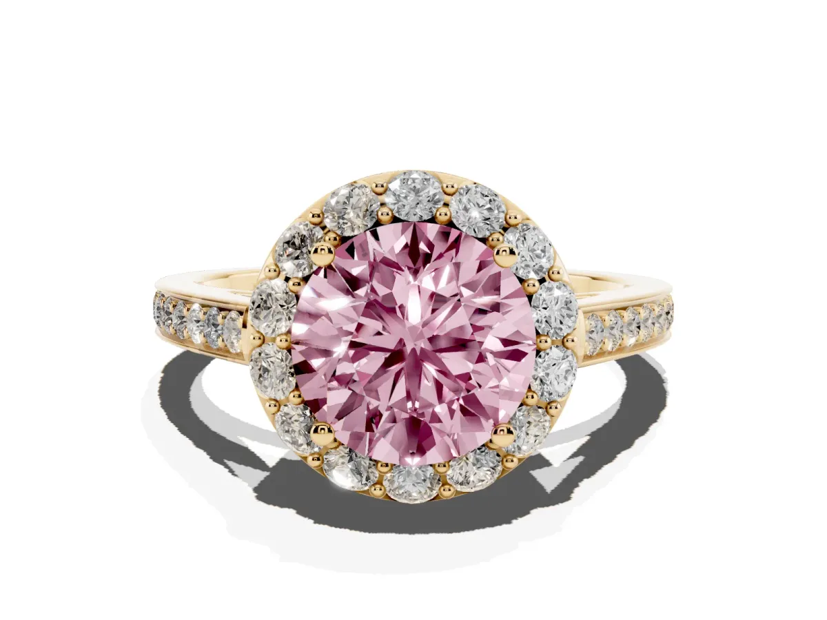 Fancy Pink Round Cut Diamond Floral Halo Ring with Pavé Band and Prong Setting Yellow gold