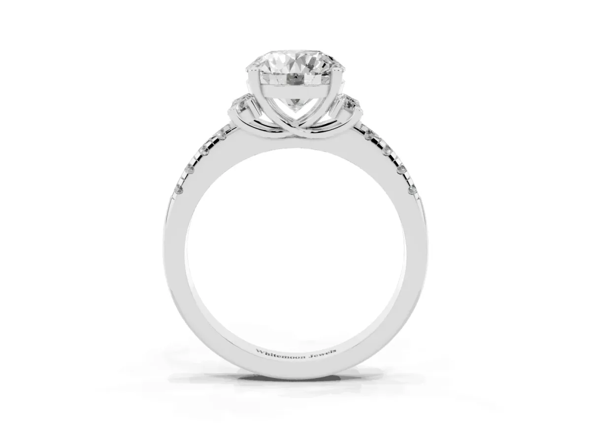 Round Cut Diamond Three-Stone Pave Band with Four-Prong Setting Silver