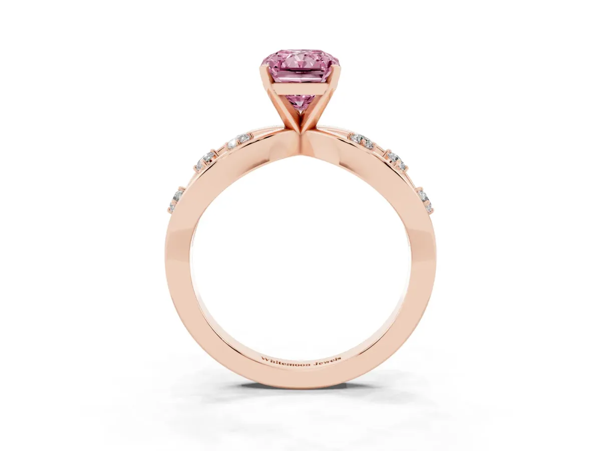 Fancy Pink Radiant Cut Cut Solitaire Diamond with Side Stones on Criss-Cross Band and Four-Prong Setting Rose gold
