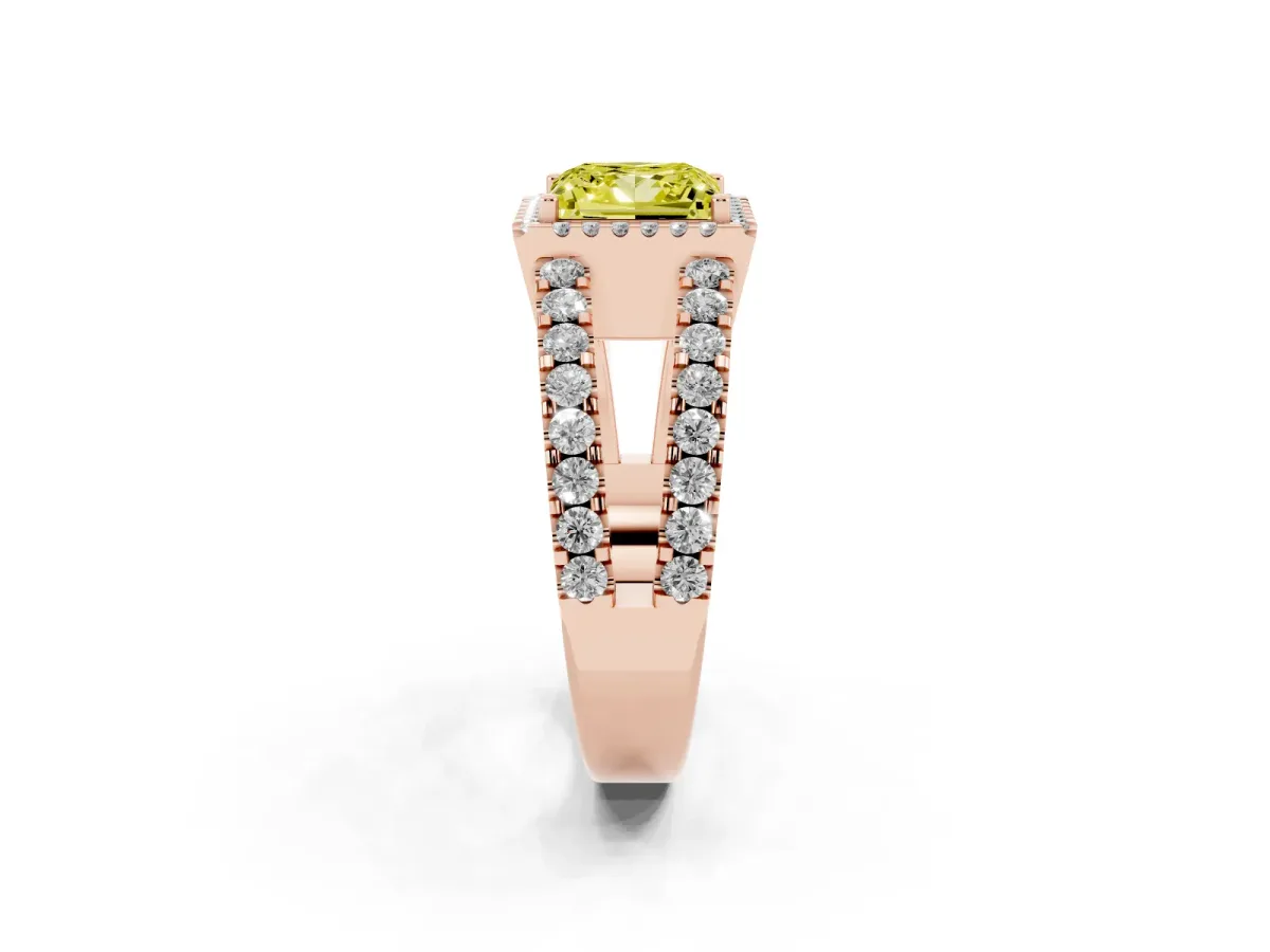 Fancy Yellow Princess Cut Cut Halo Split Shank Diamond Ring with Four-Prong Setting Rose gold