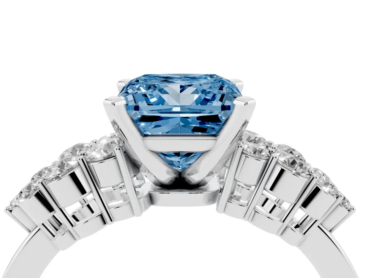 Fancy Blue Princess Cut Cluster Diamond Engagement Ring with Pavé Band and Four-Prong Setting Silver