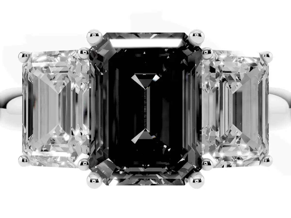 Fancy Black Three-Stone Emerald Cut Cut Diamond Engagement Ring with Prong Setting on a White Gold Band White gold