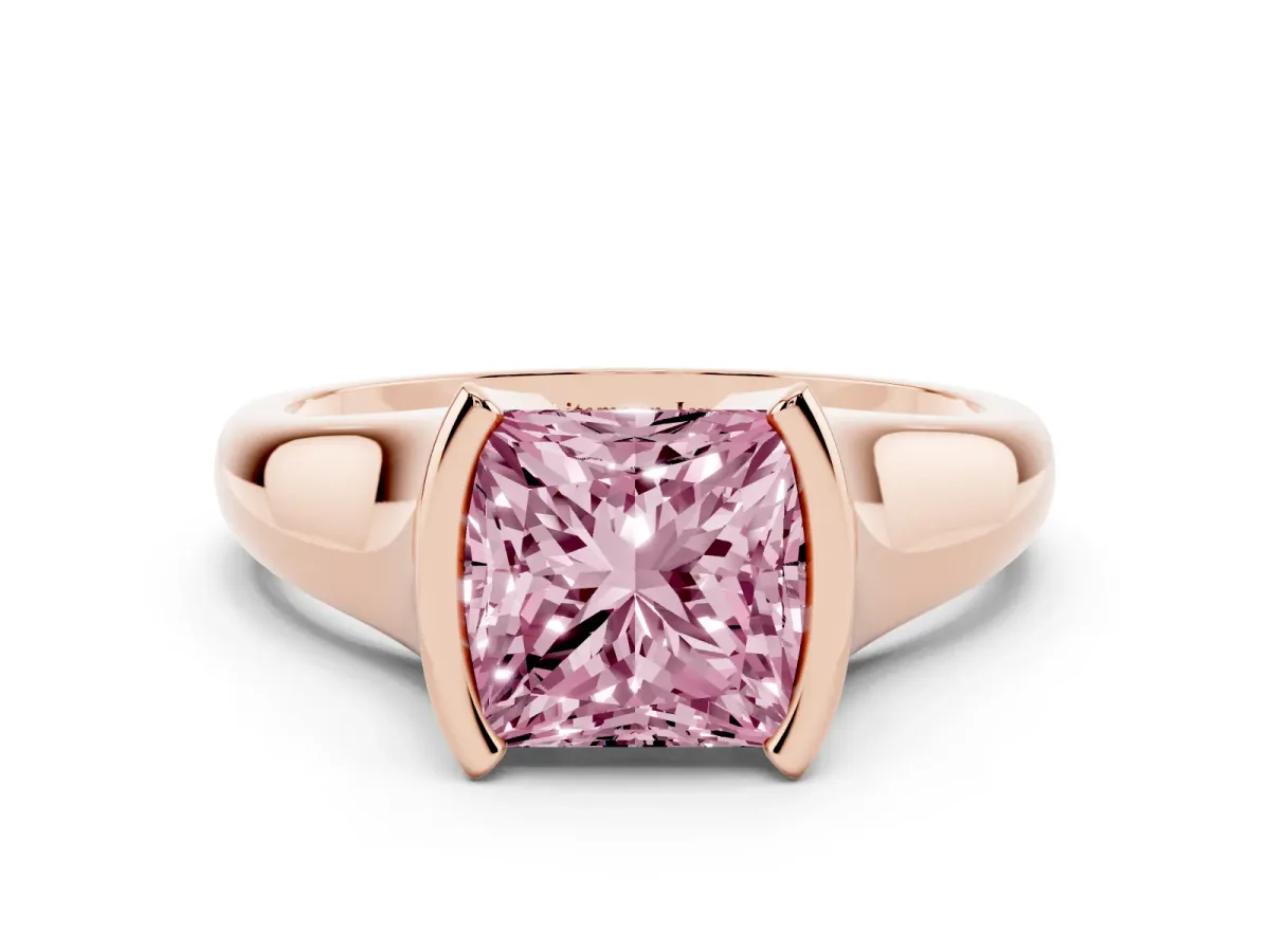 Fancy Pink Princess Cut Solitaire Tension Set Diamond Ring with Split Shank Band Rose gold