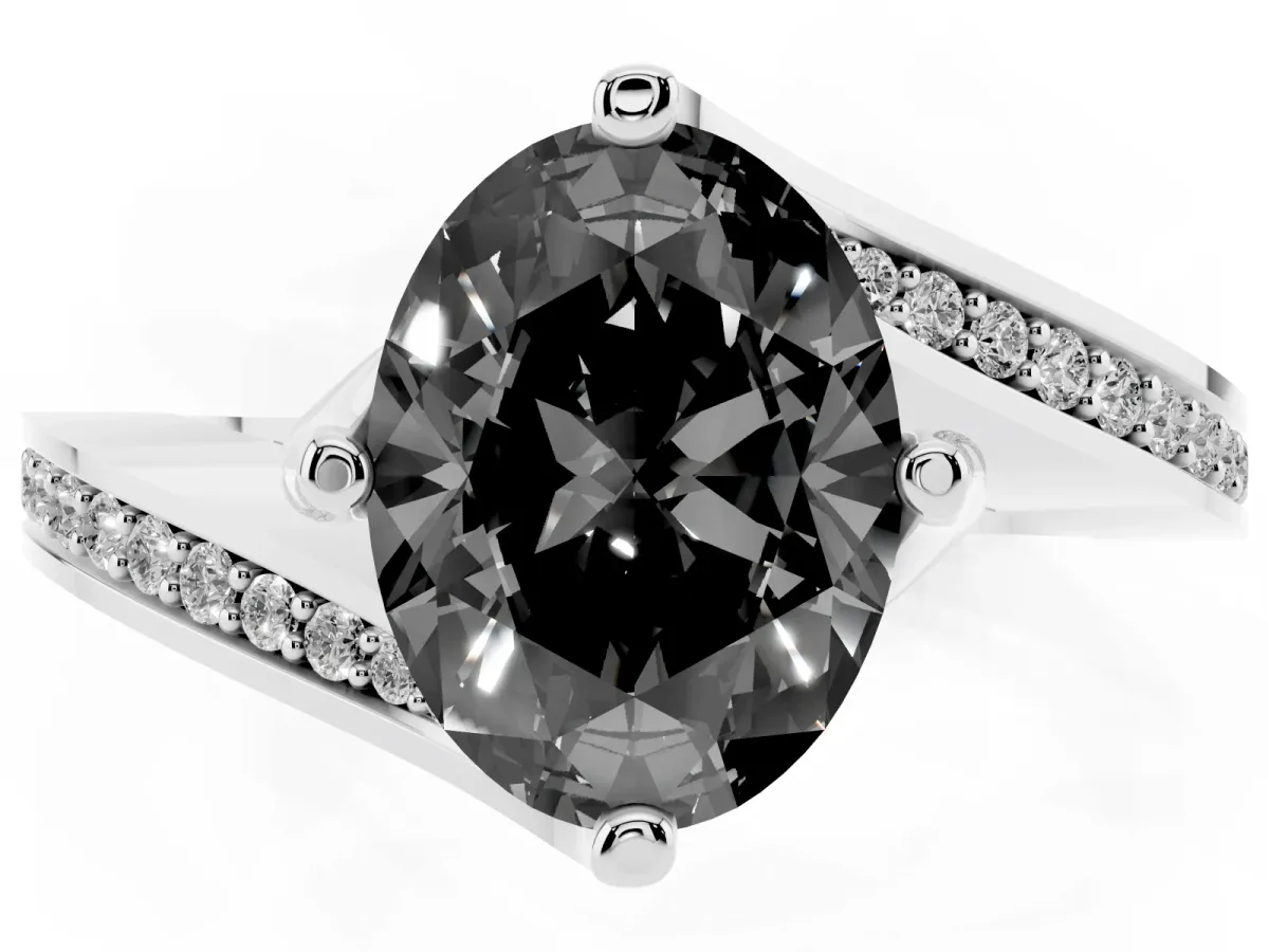 Fancy Black Oval Cut Solitaire Diamond Twist Band with Pavé Setting and Four-Prong Setting Silver