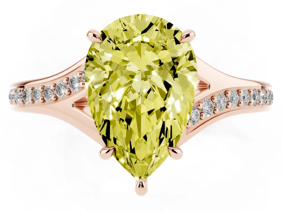 Fancy Yellow Pear Cut Diamond Solitaire Ring with Pavé Band and Prong Setting Rose gold