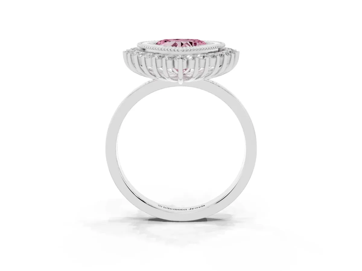 Fancy Pink Heart Cut Halo Diamond Ring with Milgrain Edge and Round Prong Setting Silver