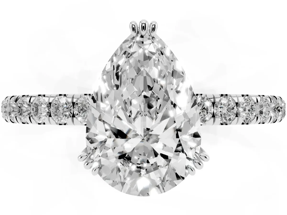 Pear Cut Brilliant Solitaire with Pavé Band and Claw Prong Setting Silver