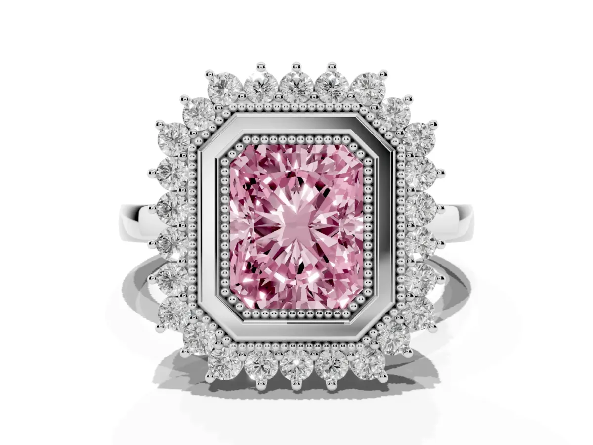 Fancy Pink Radiant Cut Halo Diamond Ring with Milgrain Edge and Round Prong Setting Silver
