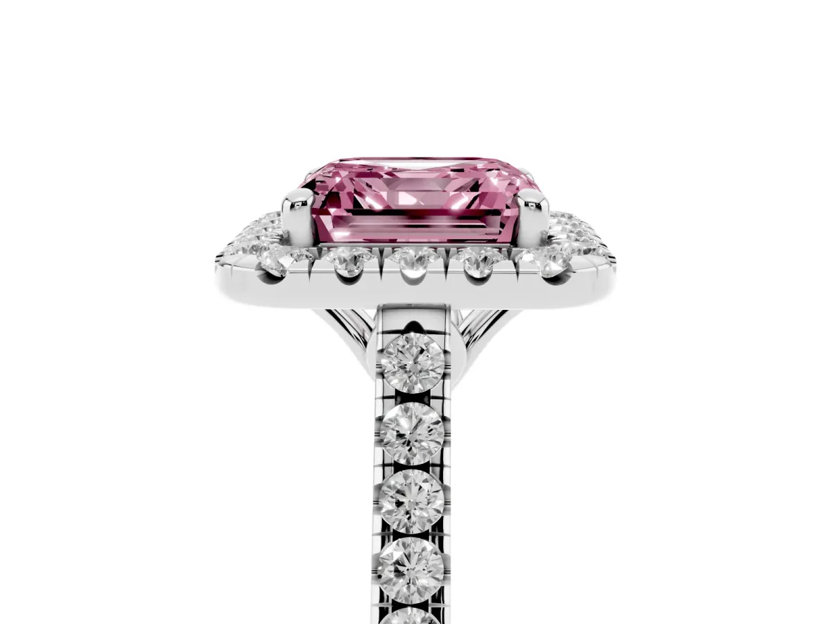 Fancy Pink Asscher Cut Halo Pavé Diamond Engagement Ring with Four-Prong Setting Silver