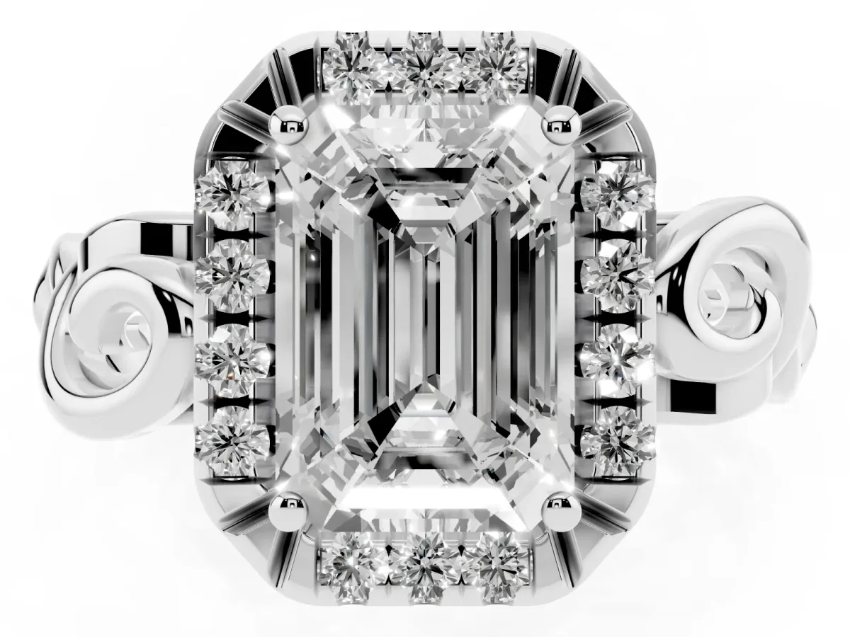 Emerald Cut Cut Halo Diamond Ring with Scrollwork Band and Four-Prong Setting Silver