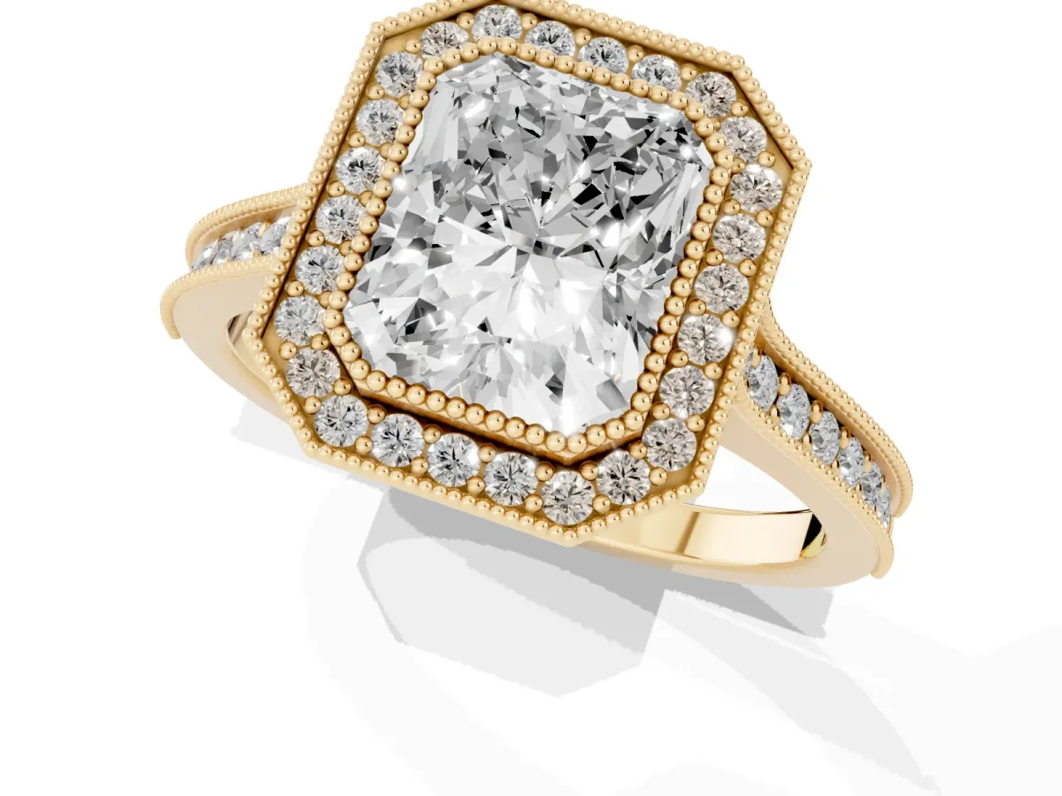 Halo Radiant Cut-Cut Diamond Pave Band Milgrain Prong Setting Ring Yellow gold