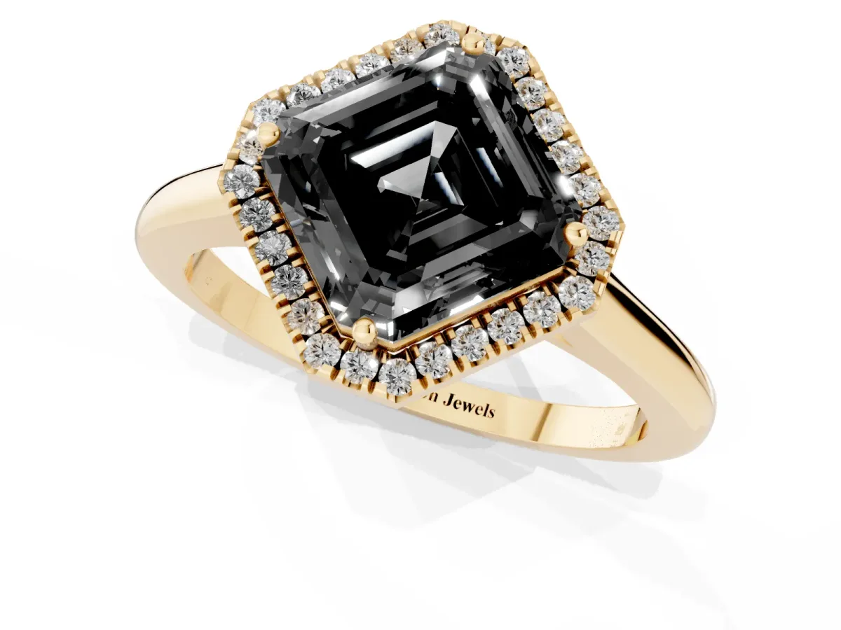 Fancy Black Asscher Cut Halo Round Diamond Solitaire Engagement Ring with Pave Band and Four-Prong Setting Yellow gold