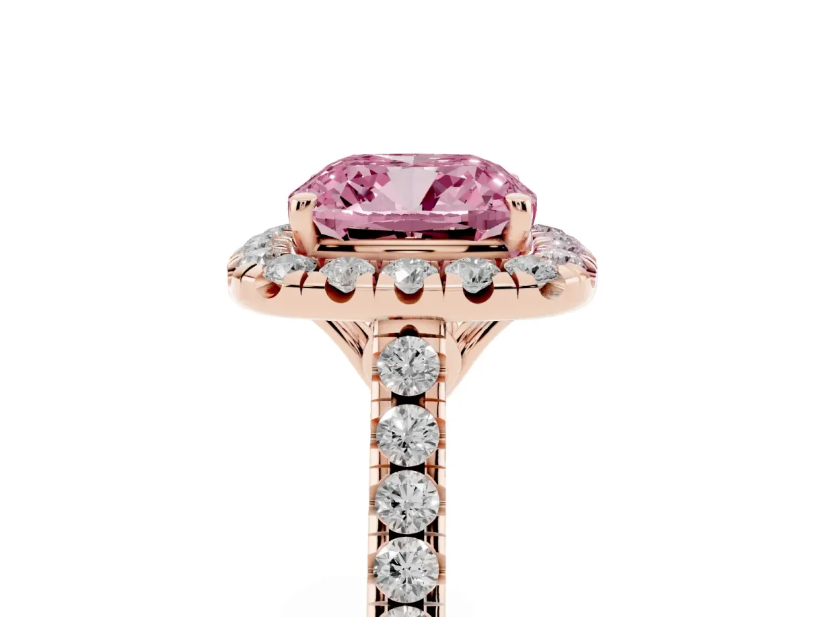 Fancy Pink Cushion Cut Halo Pavé Diamond Engagement Ring with Four-Prong Setting Rose gold
