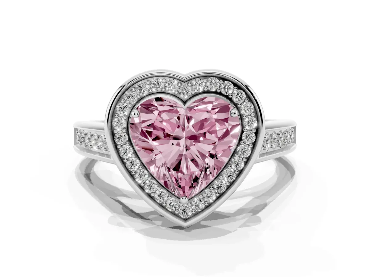 Fancy Pink Heart Cut Halo Solitaire Diamond Ring with Pave Band and Bezel Setting Silver