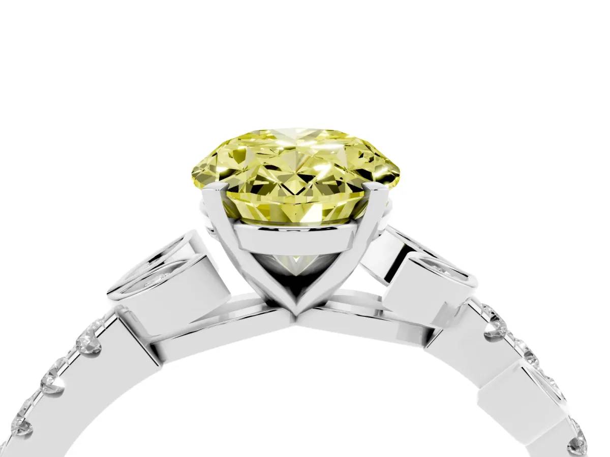 Fancy Yellow Oval Cut Solitaire Leaf-Inspired Diamond Ring with Pavé Band and Four-Prong Setting Silver