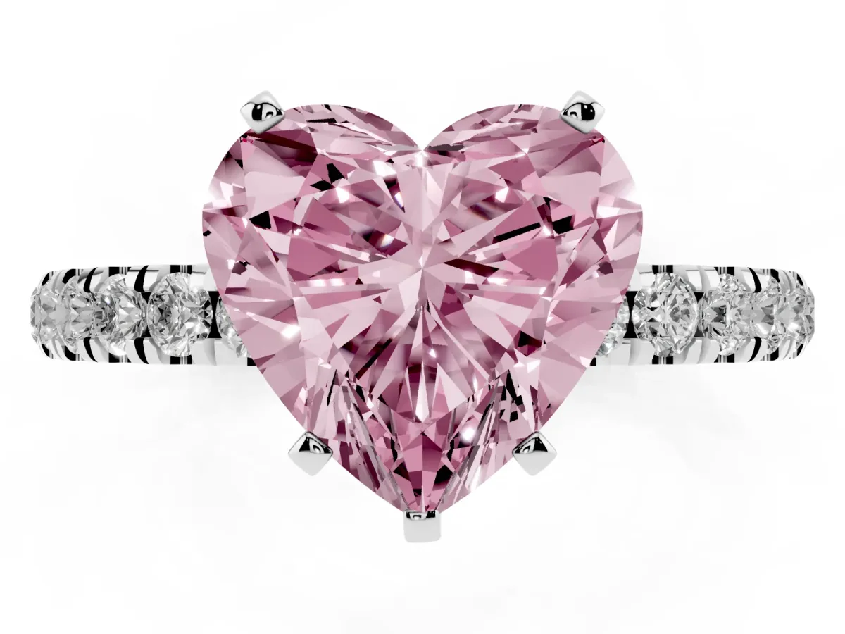 Fancy Pink Heart Cut Diamond Solitaire Ring with Pavé Accents and Four-Prong Setting Platinum