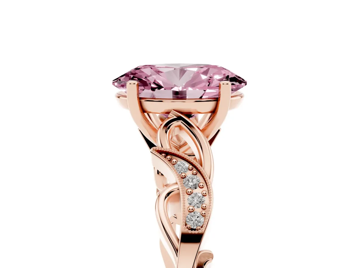 Fancy Pink Oval Cut Solitaire Vine Band with Milgrain Prong Setting Rose gold