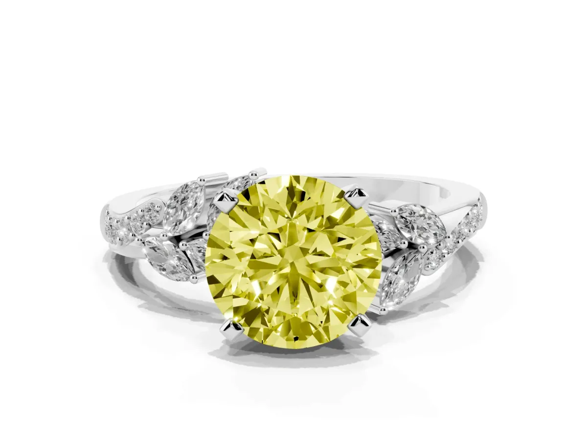 Fancy Yellow Round Cut Solitaire Marquise Twist Band with Six-Prong Setting Silver