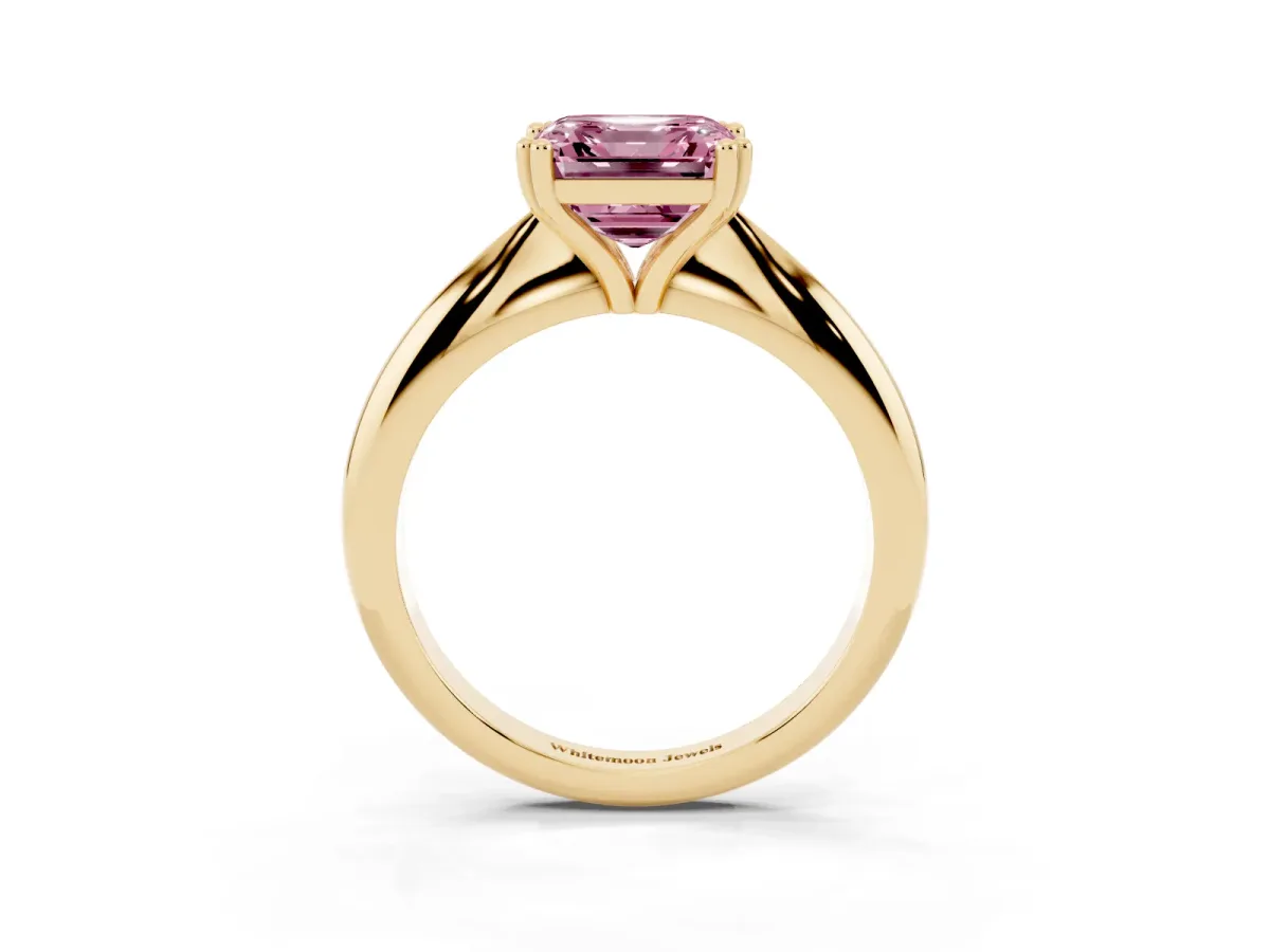 Fancy Pink Asscher Cut Cut Solitaire Engagement Ring with Tapered Band and Four-Prong Setting Yellow gold