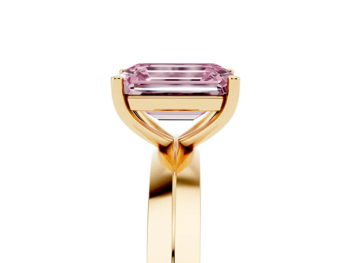 Fancy Pink Emerald Cut Cut Solitaire Engagement Ring with Flat Band and Four-Prong Setting Yellow gold