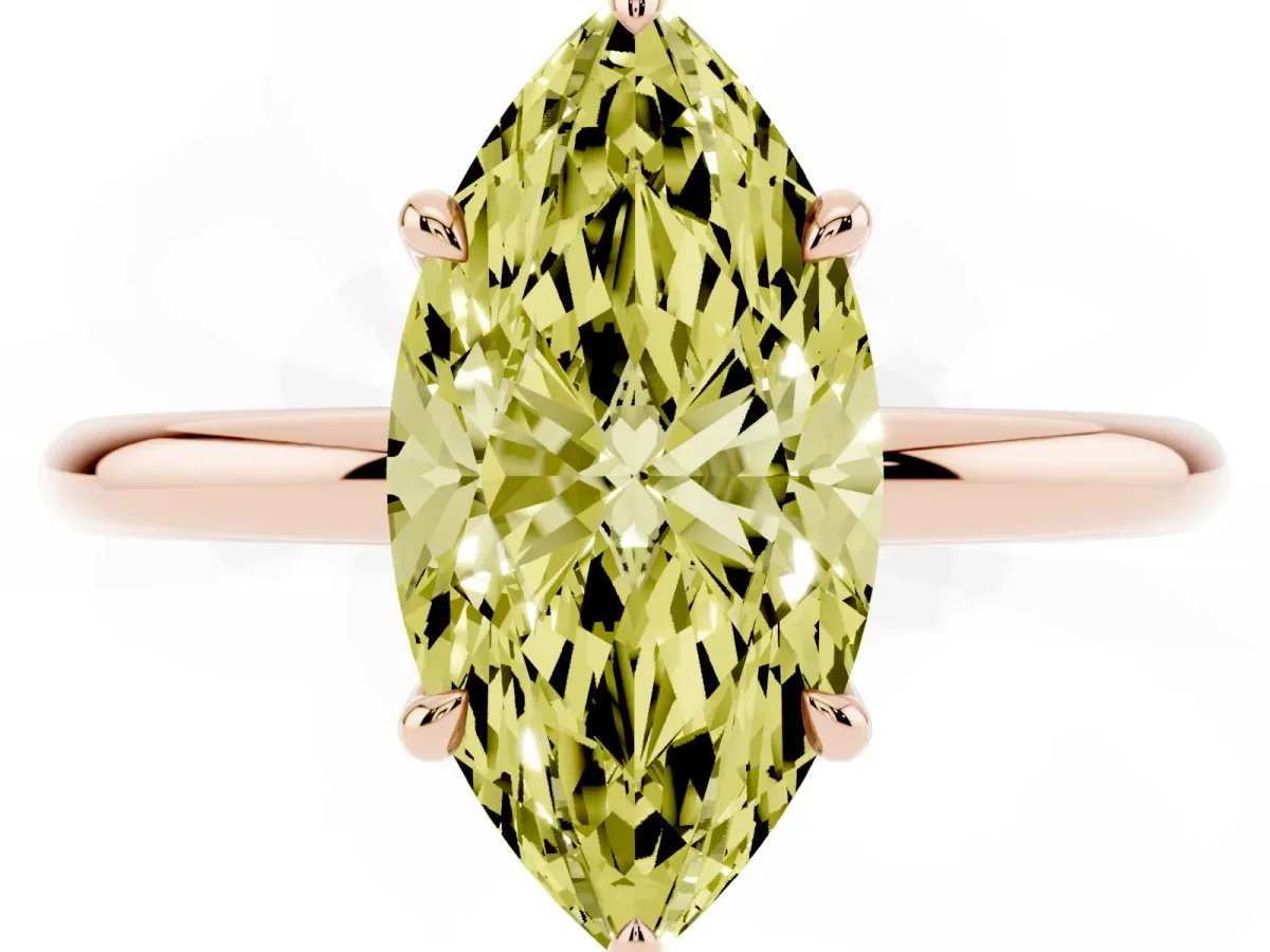 Fancy Yellow Marquise Cut Diamond Solitaire Ring with Thin Band and Four-Prong Setting Rose gold
