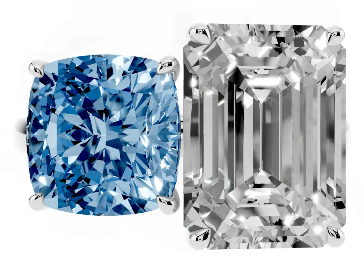 Fancy Blue Cushion Cut and Emerald Cut Toi Moi Ring with Prong Setting Platinum