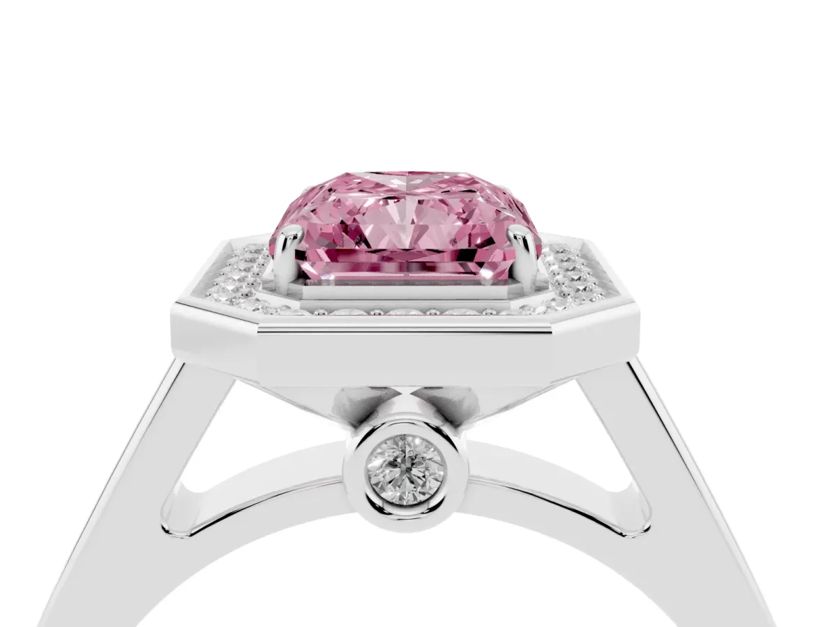 Fancy Pink Radiant Cut Halo Solitaire Diamond Ring with Pave Band and Bezel Setting White gold