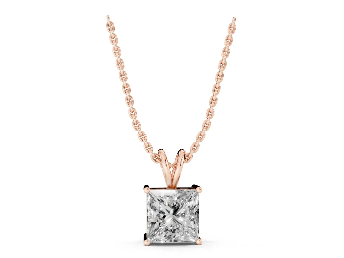 Princess Diamond Solitaire Pendant with Four Prong Setting Rose gold
