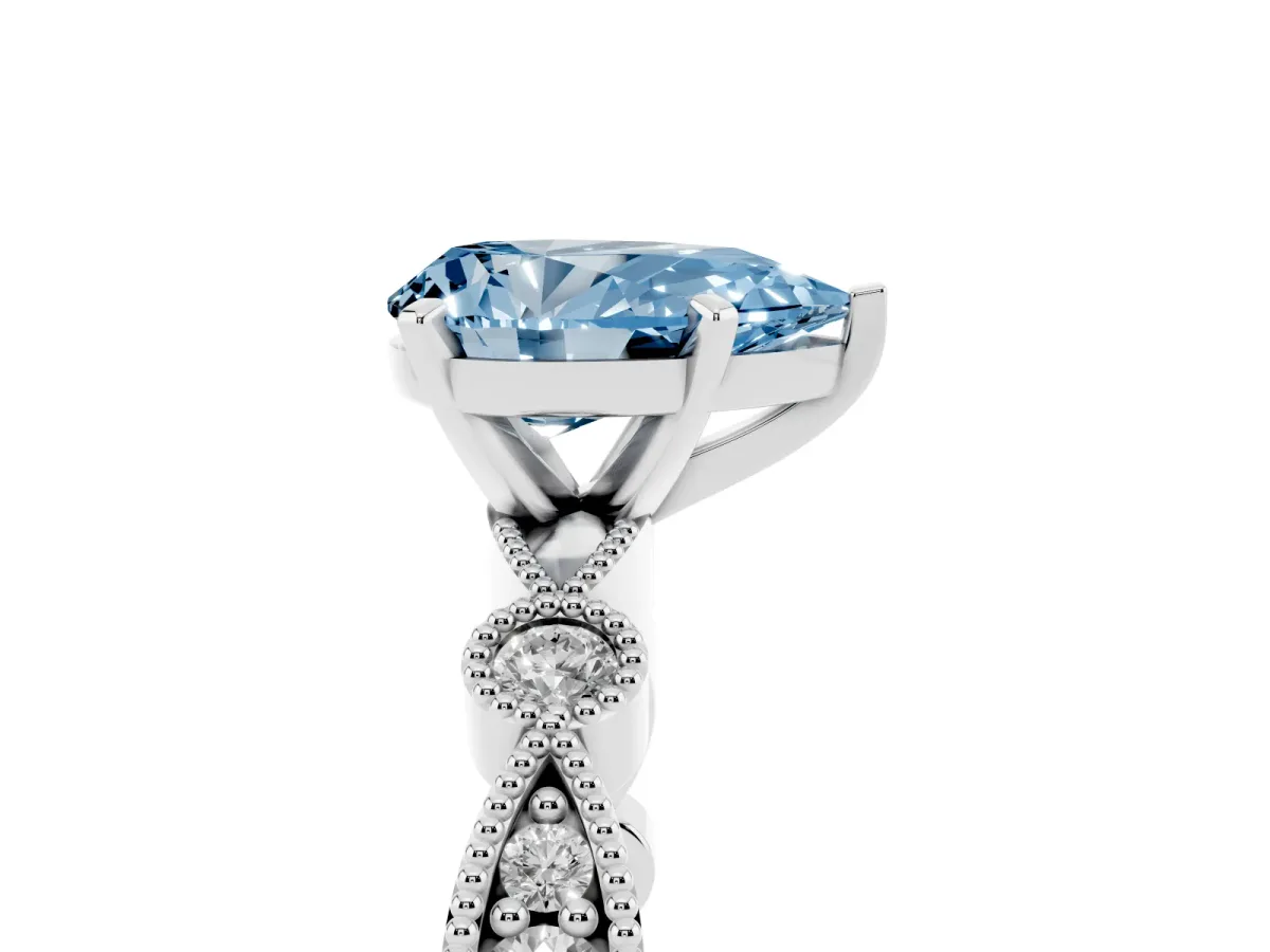 Fancy Blue Pear Cut Milgrain Bezel Diamond Engagement Ring with Solitaire Prong Setting Platinum