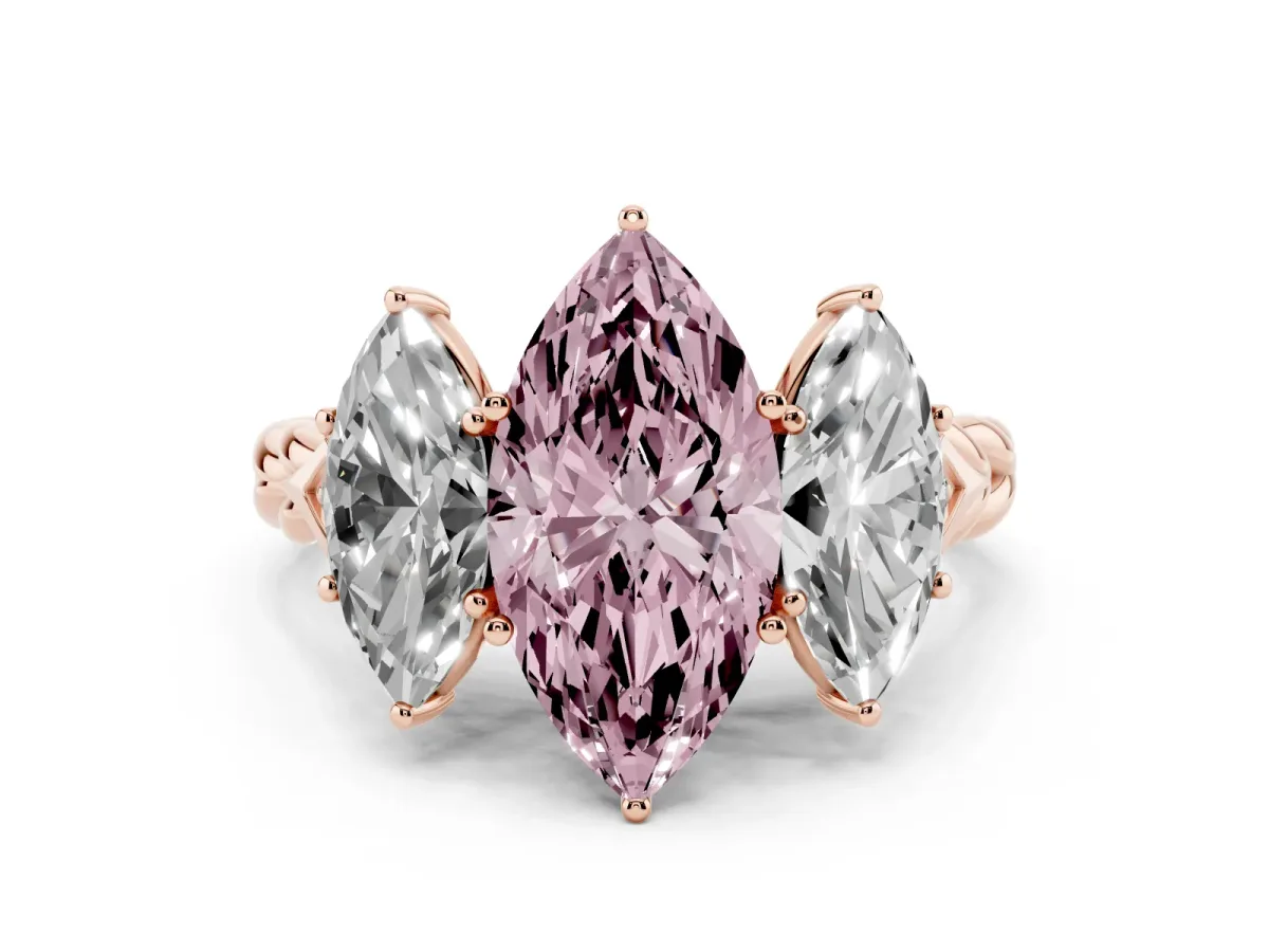 Fancy Pink Three-Stone Marquise Cut Diamond Braided Band Ring with Four-Prong Setting Rose gold