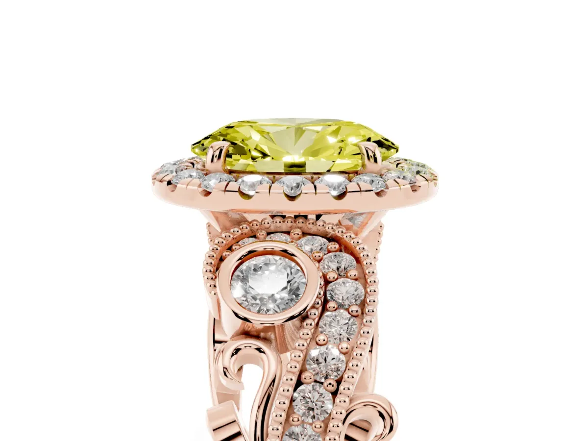 Fancy Yellow Oval Cut Diamond Halo Ring with Milgrain Pavé Band and Four-Prong Setting Rose gold