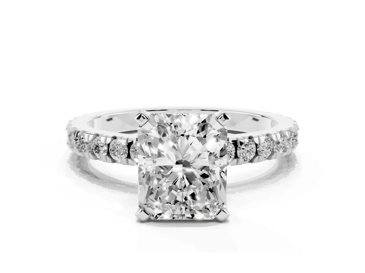 Radiant Cut Diamond Pavé Band Solitaire with Four-Prong Setting Platinum