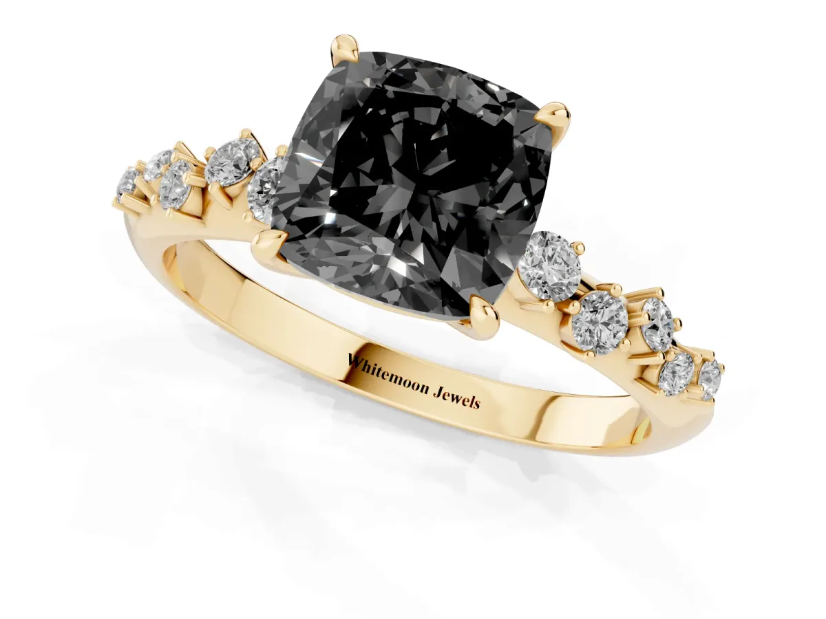 Fancy Black Cushion Cut Diamond Cluster Side Stone Solitaire Ring with Prong Setting Yellow gold